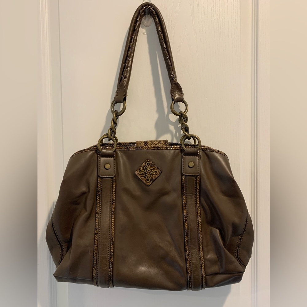 Simply Vera Vera Wang Purse Brown Shoulder Bag Trimmed Snakeskin Print Casual